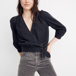 NWT MADEWELL Black Denim Wrap Top L